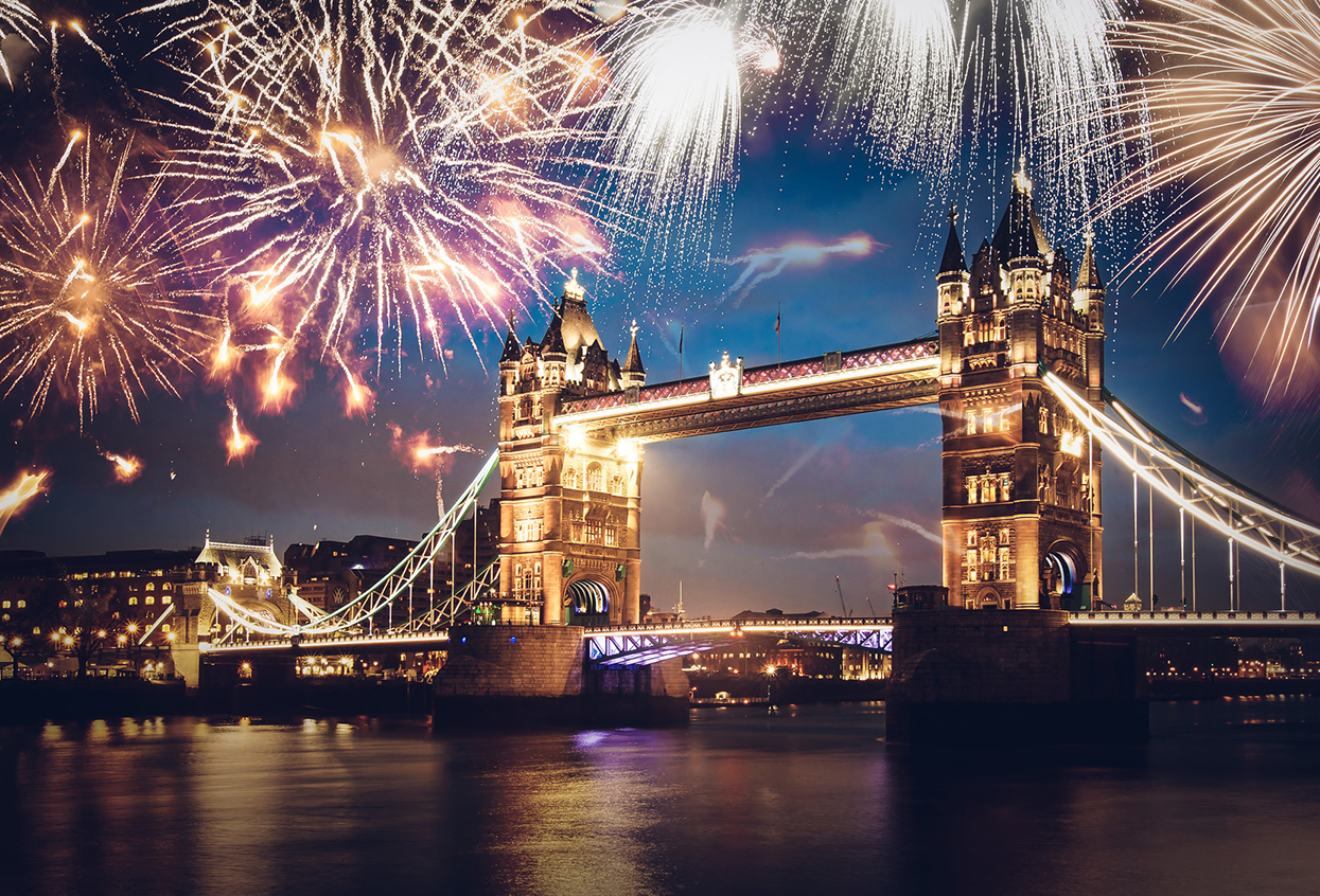 Tower bridge with firework, celebration of the New Year in London, UK